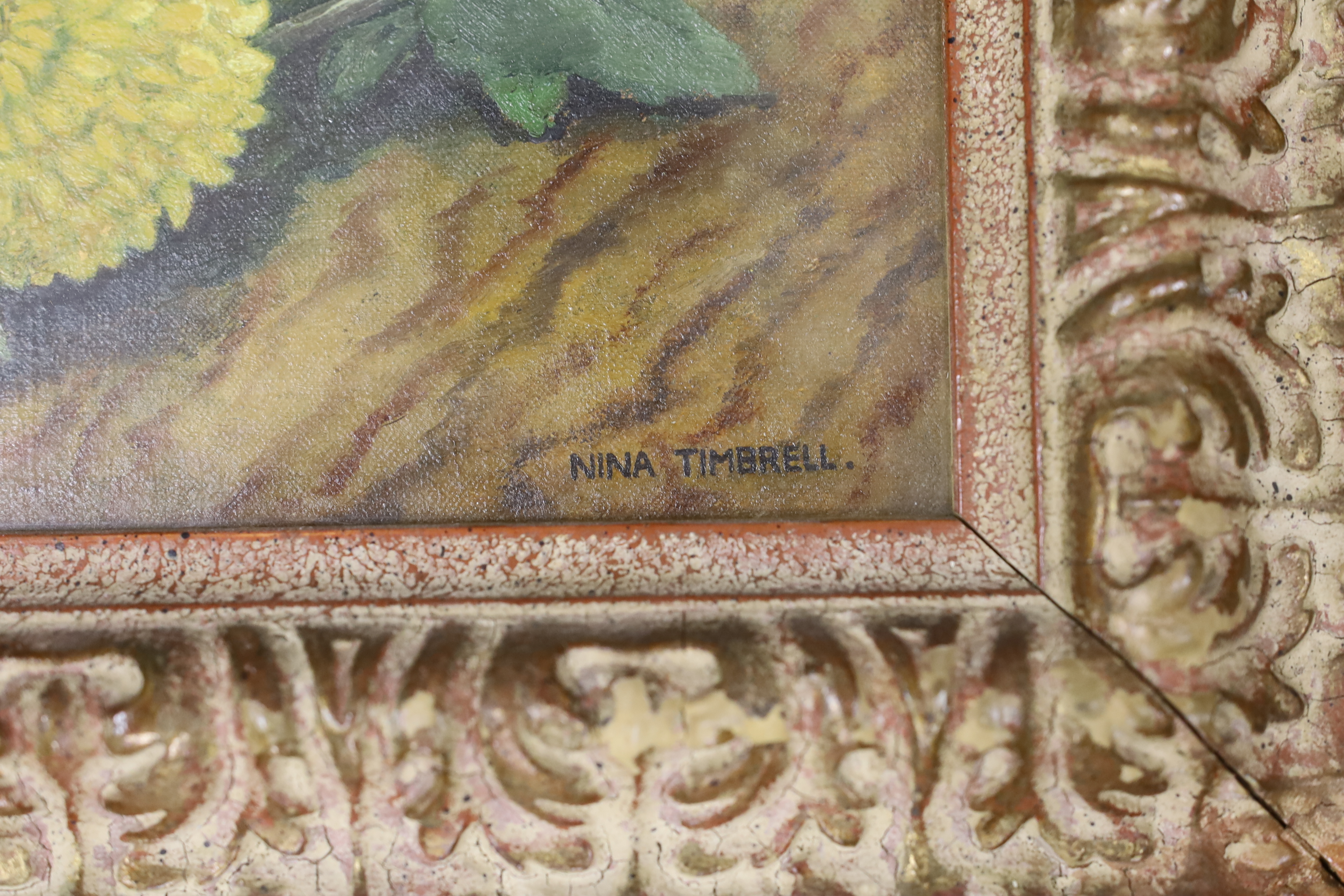 Nina Timbrell (20th. C) oil on canvas, Still life fruit and flowers, signed, 30 x 45cm